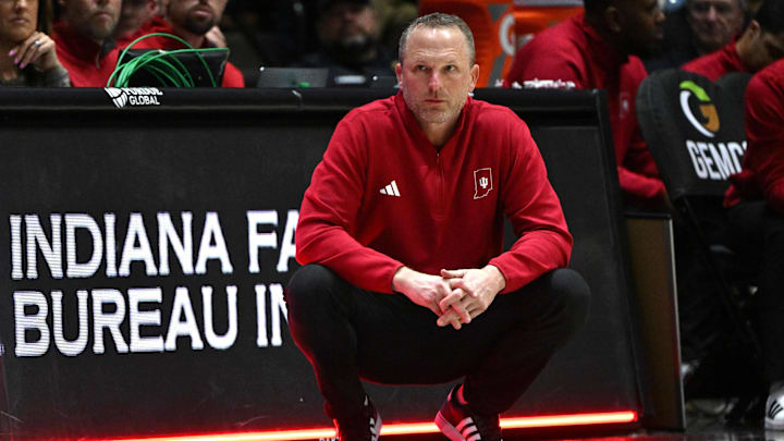 Feb 20, 2026; West Lafayette, Indiana, USA; Indiana Hoosiers head coach Darian Devries during the second half against the Purdue Boilermakers at Mackey Arena. Mandatory Credit: Marc Lebryk-Imagn Images