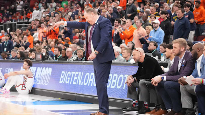 Mar 13, 2026; Chicago, IL, USA; Wisconsin Badgers head coach Greg Gard gestures to his team against the Illinois Fighting Illini during the second half at United Center. Mandatory Credit: David Banks-Imagn Images Mar 13, 2026; Chicago, IL, USA; Wisconsin Badgers head coach Greg Gard gestures to his team against the Illinois Fighting Illini during the second half at United Center. Mandatory Credit: David Banks-Imagn Images