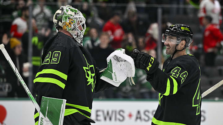 Dec 11, 2023; Dallas, Texas, USA; Dallas Stars goaltender Jake Oettinger (29) and defenseman Joel