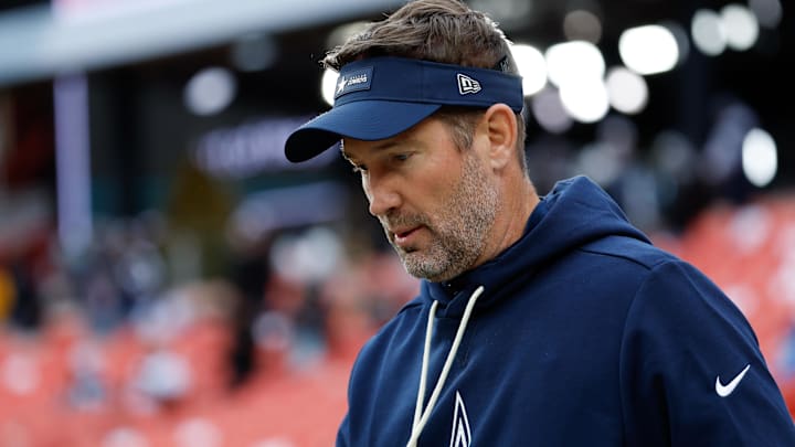 Dallas Cowboys head coach Brian Schottenheimer looks on during warmups before the game against the Washington Commanders.