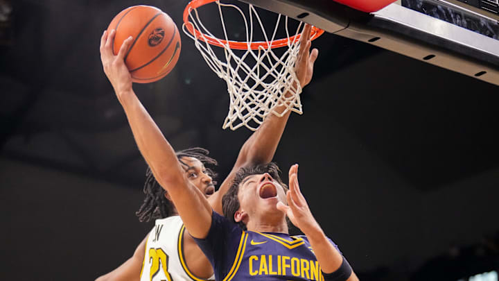 Dec 3, 2024; Columbia, Missouri, USA; California Golden Bears guard Andrej Stojakovic (2) shoots a layup as Missouri Tigers guard Aidan Shaw (23) defends during the second half at Mizzou Arena. Mandatory Credit: Denny Medley-Imagn Images