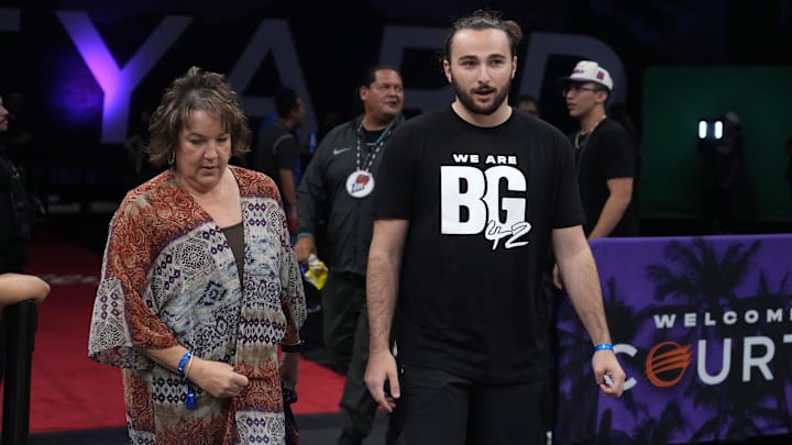 Jun 29, 2022; Phoenix, Arizona, USA; A fan wears a BG42 shirt to support Phoenix Mercury center Brittney Griner (not pictured) prior to the game against the Indiana Fever at Footprint Center. Mandatory Credit: Joe Camporeale-Imagn Images