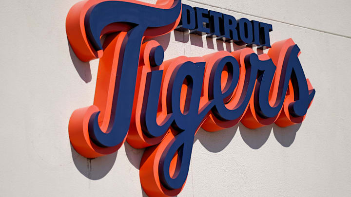 A general view of the Detroit Tigers script logo on the building at Publix Field at Joker Marchant Stadium during the spring training game between the Detroit Tigers and the Toronto Blue Jays. 