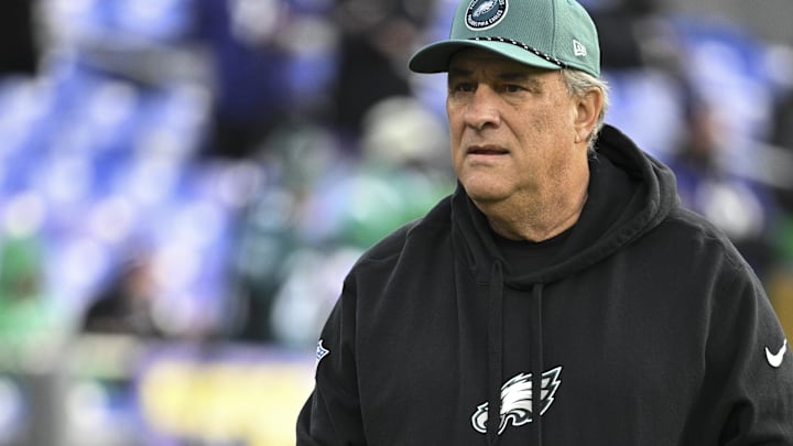 Dec 1, 2024; Baltimore, Maryland, USA;  Philadelphia Eagles defensive coordinator Vic Fangio on the field before the game  against the Baltimore Ravens at M&T Bank Stadium. Mandatory Credit: Tommy Gilligan-Imagn Images