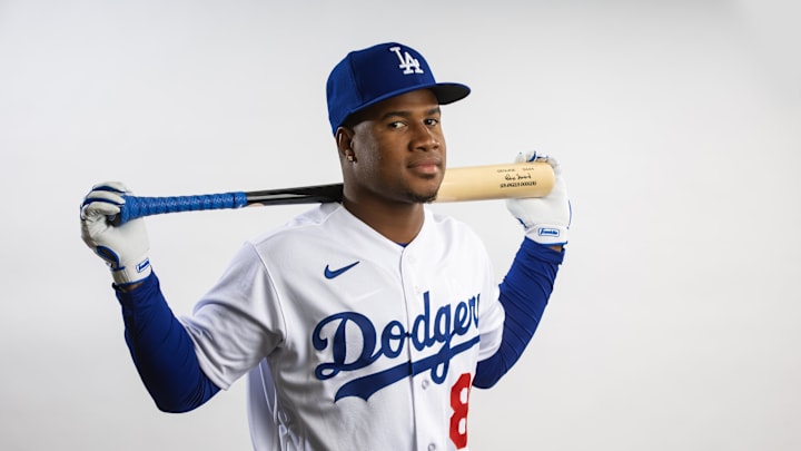 Feb 22, 2023; Glendale, AZ, US; Los Angeles Dodgers infielder Eddys Leonard poses for a portrait