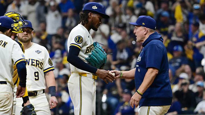 Oct 23, 2026; Milwaukee, Wisconsin, USA; Milwaukee Brewers manager Pat Murphy relieves pitcher Abner Uribe (45) during the sixth inning against the Tampa Bay Rays in game one of the 2026 World Series at American Family Field. Mandatory Credit: Benny Sieu-Imagn Images Oct 23, 2026; Milwaukee, Wisconsin, USA; Milwaukee Brewers manager Pat Murphy relieves pitcher Abner Uribe (45) during the sixth inning against the Tampa Bay Rays in game one of the 2026 World Series at American Family Field. Mandatory Credit: Benny Sieu-Imagn Images