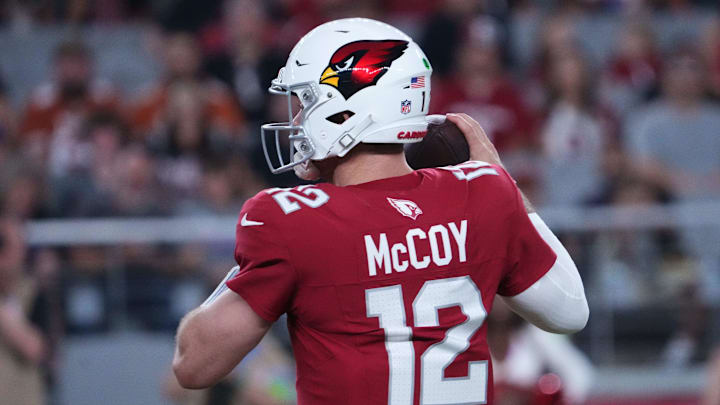 Aug 11, 2023; Glendale, Arizona, USA; Arizona Cardinals quarterback Colt McCoy (12) throws a pass