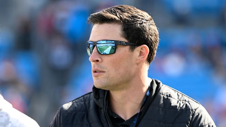 Nov 24, 2024; Charlotte, North Carolina, USA; Former Carolina Panthers linebacker Luke Kuechly on the sidelines before the game at Bank of America Stadium. Mandatory Credit: Bob Donnan-Imagn Images