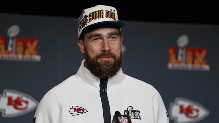 Feb 6, 2025; New Orleans, LA, USA; Kansas City Chiefs tight end Travis Kelce (87) during a press conference in advance of Super Bowl LIX at New Orleans Marriott. Mandatory Credit: Stephen Lew-Imagn Images