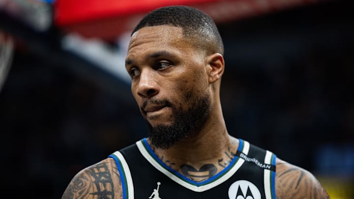Apr 22, 2025; Indianapolis, Indiana, USA; Milwaukee Bucks guard Damian Lillard (0) during game two of first round for the 2024 NBA Playoffs against the Indiana Pacers at Gainbridge Fieldhouse. Mandatory Credit: Trevor Ruszkowski-Imagn Images