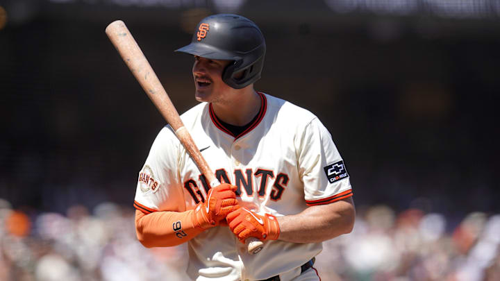 Aug 9, 2025; San Francisco, California, USA; San Francisco Giants third baseman Matt Chapman (26) reacts after striking out against the Washington Nationals in the sixth inning at Oracle Park. Mandatory Credit: Cary Edmondson-Imagn Images