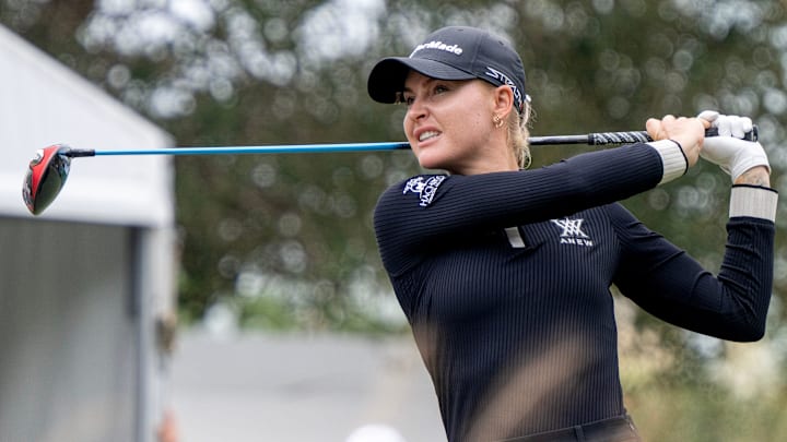 Charley Hull tees off at the 2023 CME Group Tour Championship