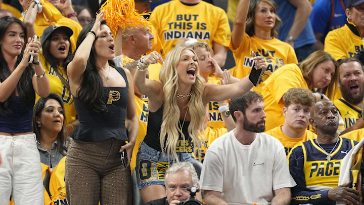 Jade Jones (center), girlfriend of Indiana Pacers guard Tyrese Haliburton (not pictured), cheers during the first half during game three of the 2025 NBA Finals against the Oklahoma City Thunder at Gainbridge Fieldhouse.