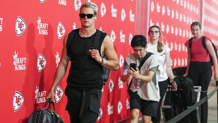Sep 15, 2024; Kansas City, Missouri, USA; Cincinnati Bengals quarterback Joe Burrow (9) arrives prior to a game against the Kansas City Chiefs at GEHA Field at Arrowhead Stadium. Mandatory Credit: Jay Biggerstaff-Imagn Images