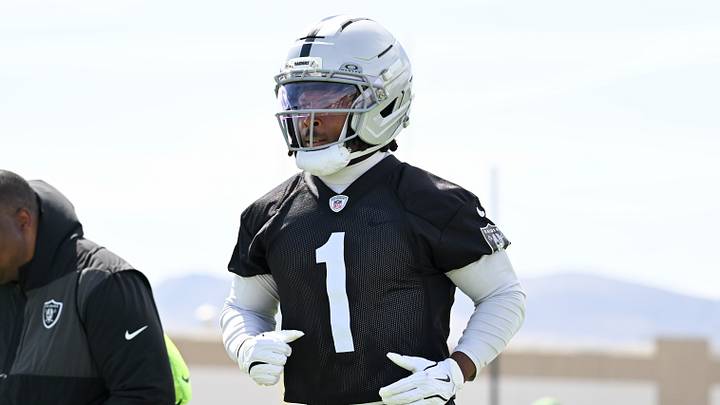Jun 3, 2026; Henderson, NV, USA; Las Vegas Raiders wide receiver Tre Tucker (1) runs a drill during organized team activities at Intermountain Health Performance Center. Mandatory Credit: Candice Ward-Imagn Images