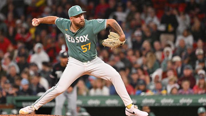 May 22, 2026; Boston, Massachusetts, USA; Boston Red Sox relief pitcher Greg Weissert (57) pitches against the Minnesota Twins during the seventh inning at Fenway Park. Mandatory Credit: Eric Canha-Imagn Images