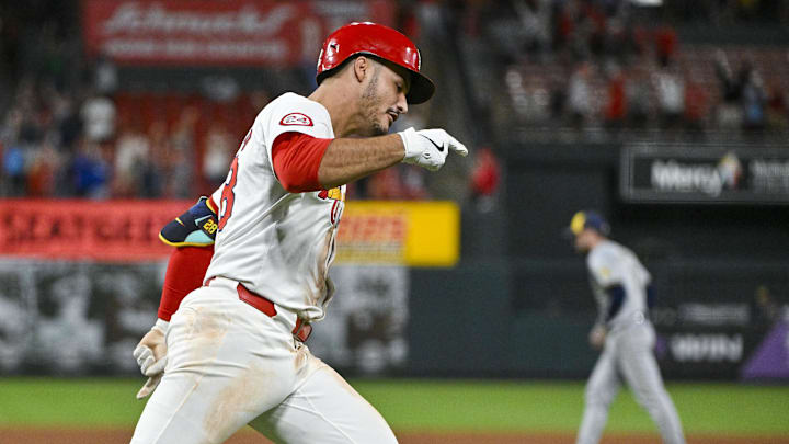 Aug 21, 2024; St. Louis, Missouri, USA;  St. Louis Cardinals third baseman Nolan Arenado (28) reacts after hitting a walk-off grand slam against the Milwaukee Brewers during the tenth inning at Busch Stadium. Mandatory Credit: Jeff Curry-Imagn Images