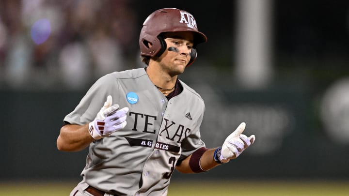 Jun 9, 2024; College Station, TX, USA; Texas A&M infielder Kaeden Kent (3) hits a grand slam in the top of the seventh inning against Oregon at Olsen Field, Blue Bell Park. Jun 9, 2024; College Station, TX, USA; Texas A&M infielder Kaeden Kent (3) hits a grand slam in the top of the seventh inning against Oregon at Olsen Field, Blue Bell Park.