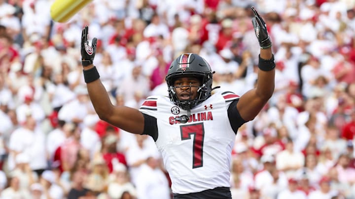 Oct 19, 2024; Norman, Oklahoma, USA;  South Carolina Gamecocks defensive back Nick Emmanwori (7) reacts after returning an interception for a touchdown during the first half against the Oklahoma Sooners at Gaylord Family-Oklahoma Memorial Stadium. Mandatory Credit: Kevin Jairaj-Imagn Images