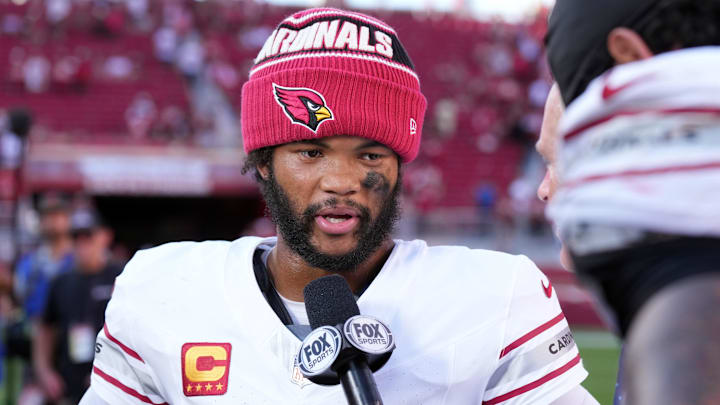 Oct 6, 2024; Santa Clara, California, USA; Arizona Cardinals quarterback Kyler Murray (1) is interviewed after defeating the San Francisco 49ers at Levi's Stadium. Mandatory Credit: Darren Yamashita-Imagn Images