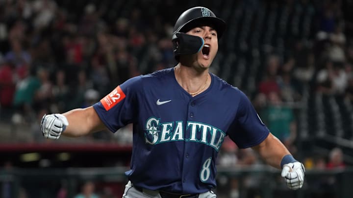 Seattle Mariners outfielder Dominic Canzone celebrates after a home run against the Arizona Diamondbacks on June 9 at Chase Field.