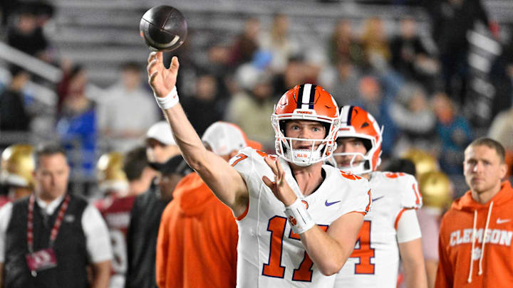 Oct 11, 2025; Chestnut Hill, Massachusetts, USA; Clemson Tigers quarterback Christopher Vizzina (17) warms up before a game against the Boston College Eagles at Alumni Stadium. Mandatory Credit: Eric Canha-Imagn Images