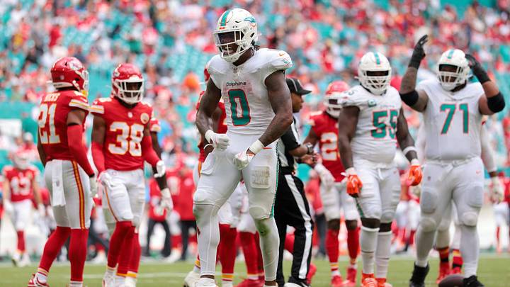 Miami Dolphins running back Ollie Gordon II (0) reacts after a play against the Kansas City Chiefs during the third quarter at Hard Rock Stadium. Mandatory Credit: Sam Navarro-Imagn Images Miami Dolphins running back Ollie Gordon II (0) reacts after a play against the Kansas City Chiefs during the third quarter at Hard Rock Stadium. Mandatory Credit: Sam Navarro-Imagn Images