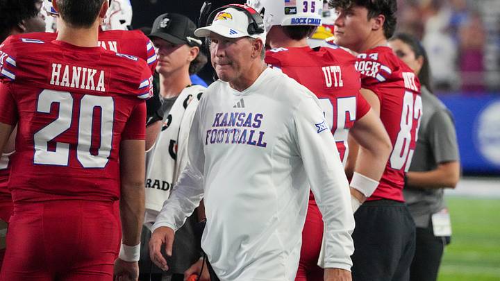 Sep 11, 2026; Lawrence, Kansas, USA; Kansas Jayhawks head coach Lance Leipold on field against the Missouri Tigers during the second half of the game at David Booth Kansas Memorial Stadium. Mandatory Credit: Denny Medley-Imagn Images