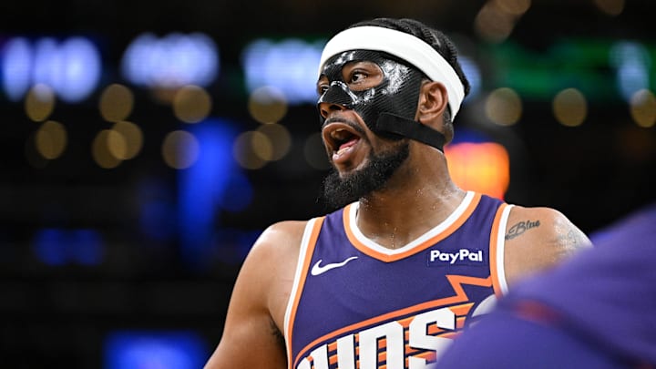 Mar 16, 2026; Boston, Massachusetts, USA; Phoenix Suns guard Jordan Goodwin (23) reacts after being called for a foul against the Boston Celtics during the second half at the TD Garden. Mandatory Credit: Brian Fluharty-Imagn Images