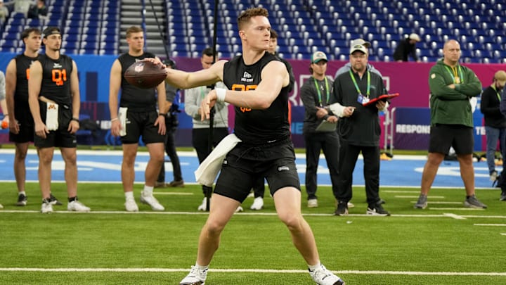 Mar 1, 2025; Indianapolis, IN, USA; Missouri quarterback Brady Cook (QB02) during the 2025 NFL Combine at Lucas Oil Stadium.  