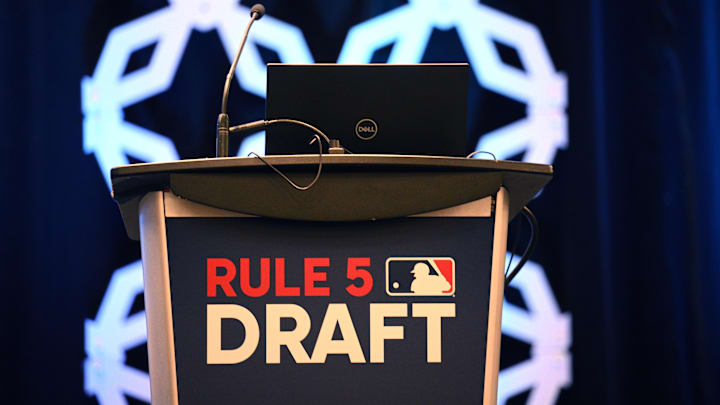 Dec 7, 2022; San Diego, CA, USA; A detailed view of the podium before the Rule 5 draft during the 2022 MLB Winter Meetings at Manchester Grand Hyatt. 
