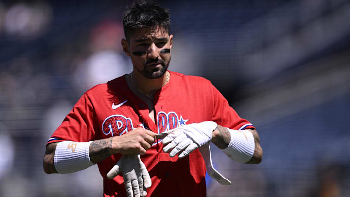 Sep 6, 2023; San Diego, California, USA; Philadelphia Phillies right fielder Nick Castellanos (8) looks on during the first inning against the San Diego Padres at Petco Park. Mandatory Credit: Orlando Ramirez-Imagn Images