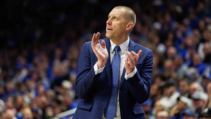 Jan 14, 2025; Lexington, Kentucky, USA; Kentucky Wildcats head coach Mark Pope reacts to the action during the second half against the Texas A&M Aggies at Rupp Arena at Central Bank Center. Mandatory Credit: Jordan Prather-Imagn Images