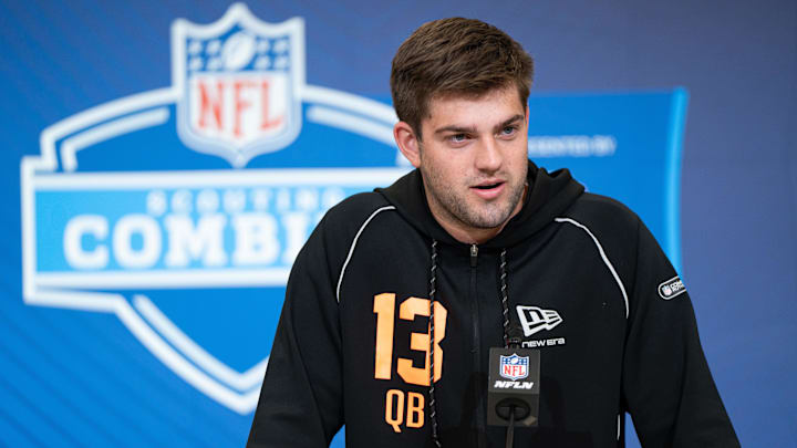Feb 27, 2026; Indianapolis, IN, USA; LSU quarterback Garrett Nussmeier (QB13) speaks to members of the media during the NFL Combine at the Indiana Convention Center. Mandatory Credit: Jacob Musselman-Imagn Images