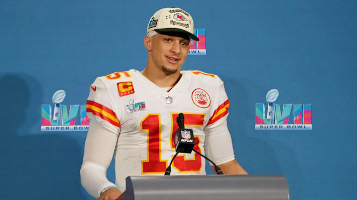 Feb 12, 2023; Glendale, Arizona, US; Kansas City Chiefs quarterback Patrick Mahomes (15) talks to the media during a press conference after winning Super Bowl LVII against the Philadelphia Eagles at State Farm Stadium. Mandatory Credit: Kirby Lee-Imagn Images