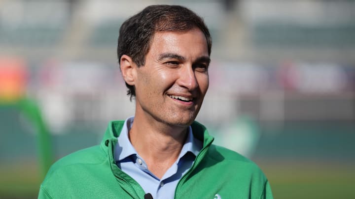 May 16, 2022; Oakland, California, USA; Oakland Athletics president Dave Kaval talks on the field before the game against the Minnesota Twins at RingCentral Coliseum. Mandatory Credit: Darren Yamashita-Imagn Images May 16, 2022; Oakland, California, USA; Oakland Athletics president Dave Kaval talks on the field before the game against the Minnesota Twins at RingCentral Coliseum. Mandatory Credit: Darren Yamashita-Imagn Images