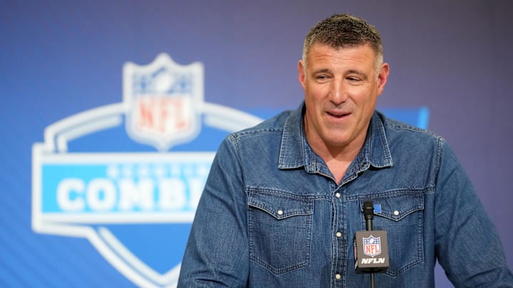 Feb 25, 2026; Indianapolis, IN, USA; New England Patriots coach Mike Vrabel speaks during the NFL Scouting Combine at the Indiana Convention Center. Mandatory Credit: Kirby Lee-Imagn Images