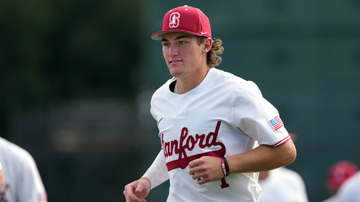 Feb 28, 2025; Stanford, CA, USA; Stanford Cardinal infielder JJ Moran (1) before the game against the Xavier Musketeers at Sunken Diamond. Mandatory Credit: Darren Yamashita-Imagn Images