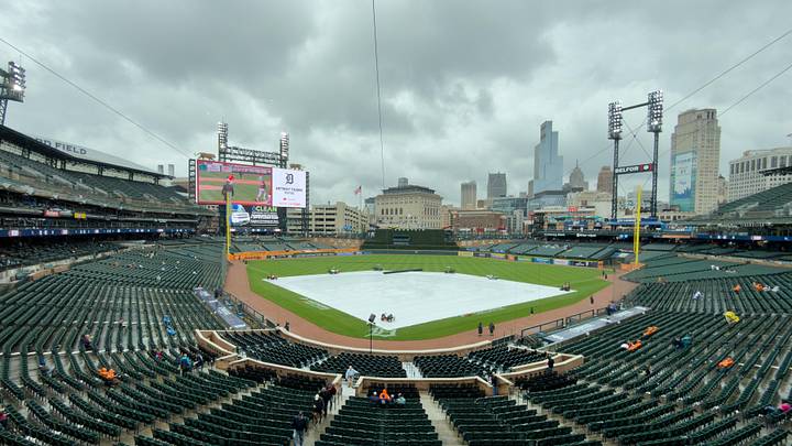 Apr 16, 2026; Detroit, Michigan, USA; General view during a rain delay of the game between the Detroit Tigers and the Kansas City Royals at Comerica Park. Mandatory Credit: Rick Osentoski-Imagn Images Apr 16, 2026; Detroit, Michigan, USA; General view during a rain delay of the game between the Detroit Tigers and the Kansas City Royals at Comerica Park. Mandatory Credit: Rick Osentoski-Imagn Images
