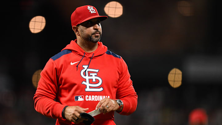 Sep 23, 2025; San Francisco, California, USA; St. Louis Cardinals manager Oliver Marmol walks back to the dugout after a pitching change against the San Francisco Giants during the third inning at Oracle Park. Mandatory Credit: Eakin Howard-Imagn Images