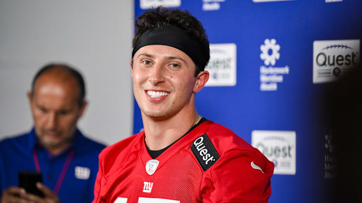 Jun 18, 2025; East Rutherford, NJ, USA; New York Giants quarterback Tommy DeVito (15) speaks at a press conference during minicamp at Quest Diagnostics Training Center.  