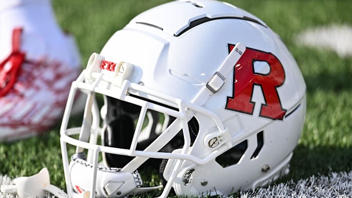Nov 11, 2023; Iowa City, Iowa, USA; A Rutgers Scarlet Knights helmet sits on the turf at Kinnick Stadium before the game against the Iowa Hawkeyes. Mandatory Credit: Jeffrey Becker-Imagn Images
