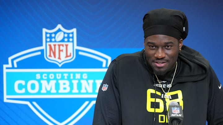 Shemar Stewart (DL68) during the 2025 NFL Scouting Combine at the Indiana Convention Center. Mandatory Credit: Kirby Lee-Imagn Images
