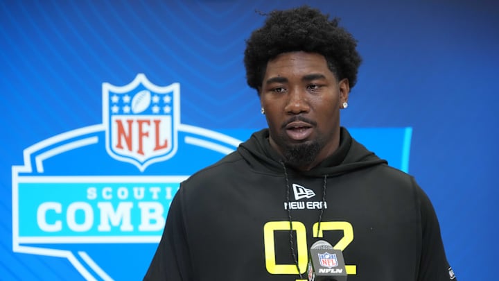Feb 26, 2025; Indianapolis, IN, USA; Toledo defensive lineman Darius Alexander (DL02) during the 2025 NFL Scouting Combine at the Indiana Convention Center. Mandatory Credit: Kirby Lee-Imagn Images Feb 26, 2025; Indianapolis, IN, USA; Toledo defensive lineman Darius Alexander (DL02) during the 2025 NFL Scouting Combine at the Indiana Convention Center. Mandatory Credit: Kirby Lee-Imagn Images