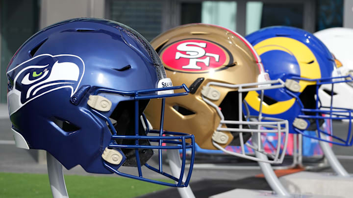 Oct 8, 2023; London United Kingdom, Large helmets of the Seattle Seahawks, San Francisco 49ers and Los Angeles Rams at an NFL International Series game at Tottenham Hotspur Stadium. Mandatory Credit: Kirby Lee-Imagn Images Oct 8, 2023; London United Kingdom, Large helmets of the Seattle Seahawks, San Francisco 49ers and Los Angeles Rams at an NFL International Series game at Tottenham Hotspur Stadium. Mandatory Credit: Kirby Lee-Imagn Images