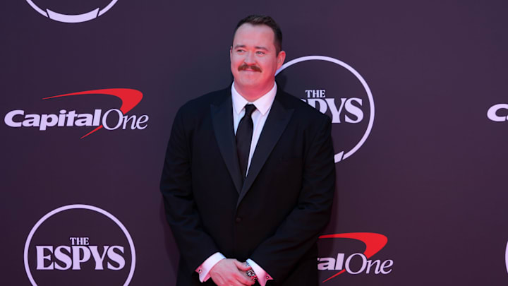 Jul 16, 2025; Hollywood, CA, USA; Shane Gillis poses on the ESPYs red carpet at the Dolby Theatre. Mandatory Credit: Kirby Lee-Imagn Images