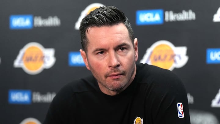 Jan 23, 2025; Los Angeles, California, USA; Los Angeles Lakers coach JJ Redick at a press conference at the Crypto.com Arena. Mandatory Credit: Kirby Lee-Imagn Images