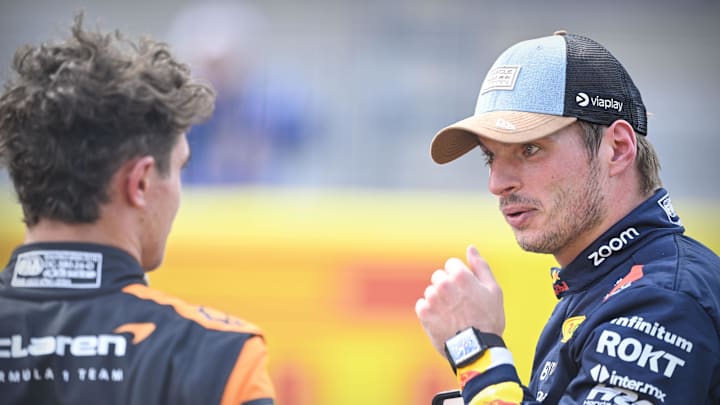 Oct 19, 2024; Austin, Texas, USA; Oracle Red Bull Racing driver Max Verstappen (right) talks with Formula 1 Team driver Lando Norris (left) of Team Great Britain after the Sprint Race in the 2024 Formula One US Grand Prix at Circuit of the Americas. Mandatory Credit: Jerome Miron-Imagn Images Oct 19, 2024; Austin, Texas, USA; Oracle Red Bull Racing driver Max Verstappen (right) talks with Formula 1 Team driver Lando Norris (left) of Team Great Britain after the Sprint Race in the 2024 Formula One US Grand Prix at Circuit of the Americas. Mandatory Credit: Jerome Miron-Imagn Images