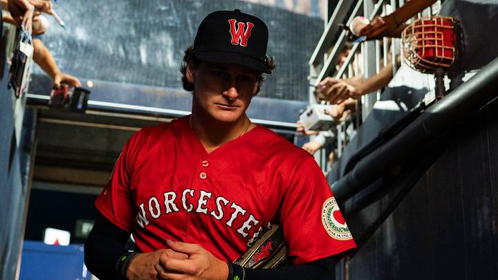 Red Sox outfielder Roman Anthony makes he way through the home tunnel at Polar Park on Aug. 25, 2026. Anthony is currently on a rehab assignment with the WooSox.