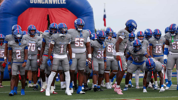 Duncanville enters the field before playing St. Frances Academy on Sept. 13 at Duncanville ISD Stadium.